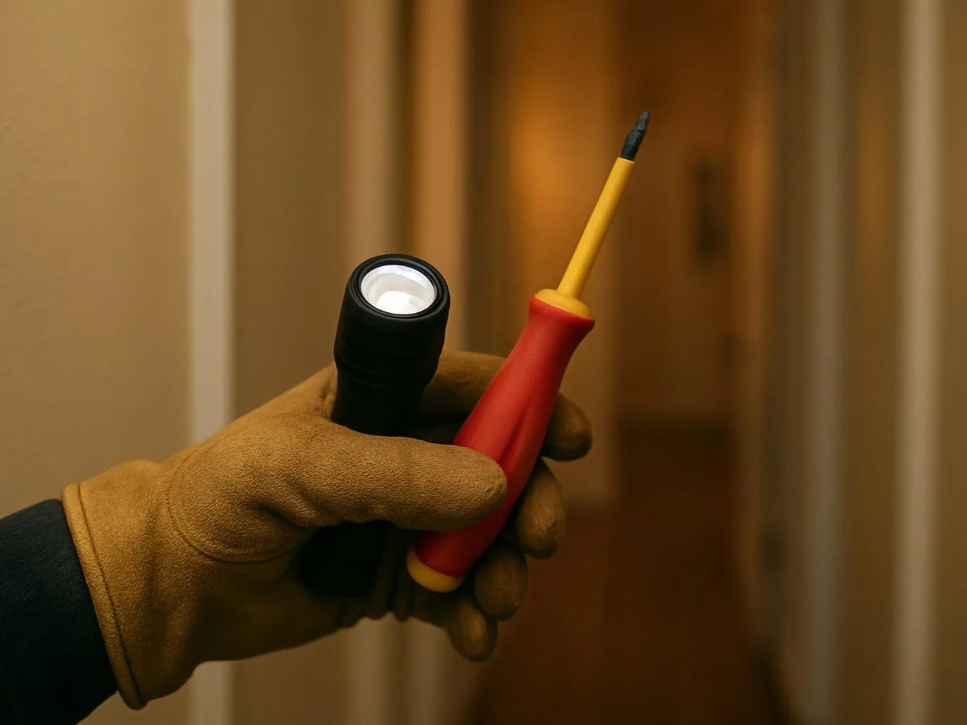 A gloved hand holds a flashlight and a test screwdriver in a dim hallway