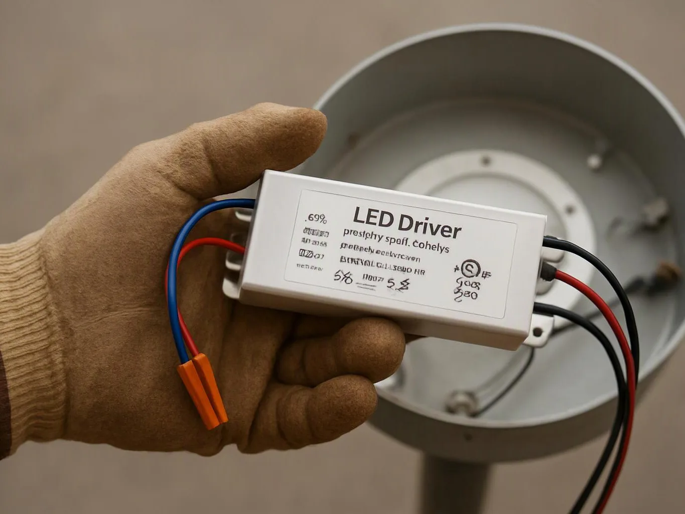 A gloved hand holds an LED driver with colored wires in front of a round light fixture housing