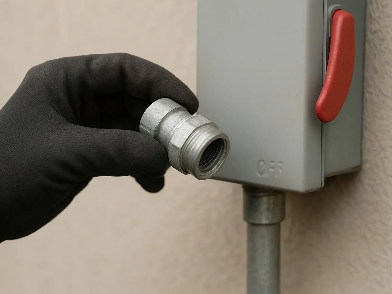 A gloved hand holds a metal connector near a gray electrical box with a red switch lever