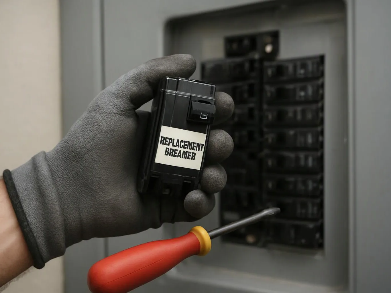 A gloved hand holds a replacement breaker beside an electrical panel, with a red screwdriver in view
