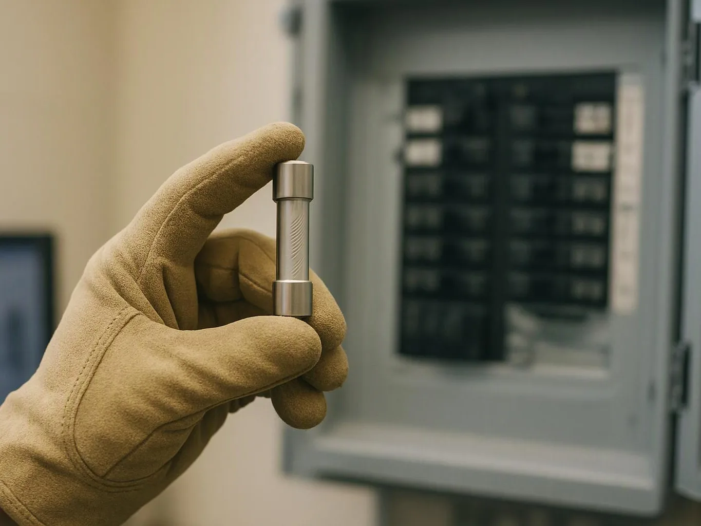 A gloved hand holds a small cylindrical fuse in front of an open electrical panel