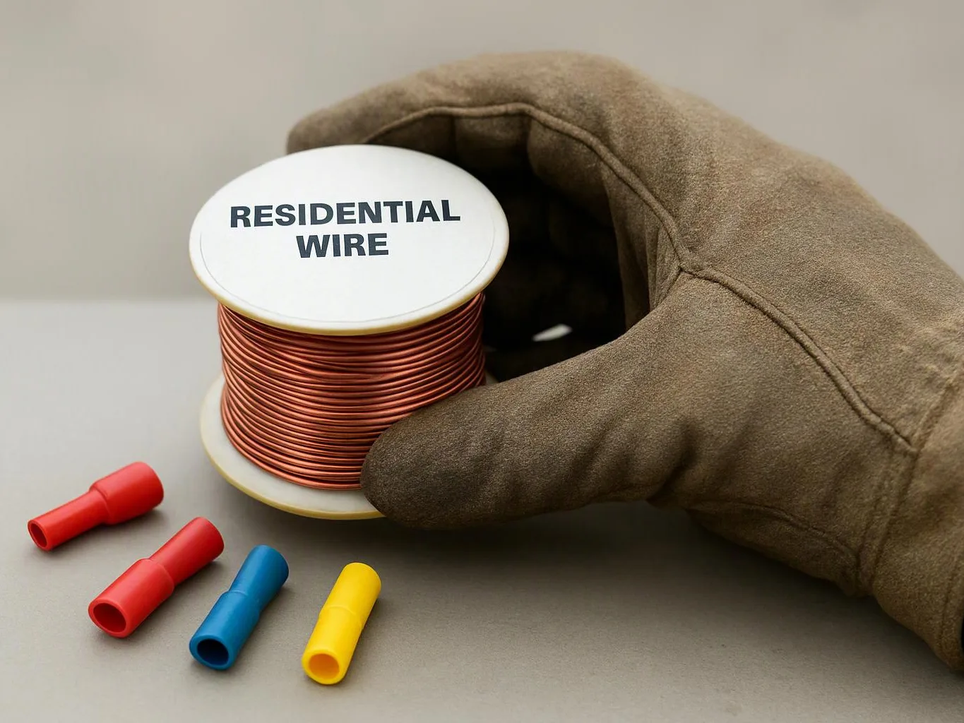 A gloved hand holds a spool labeled “RESIDENTIAL WIRE” beside four colored wire connectors on a gray surface