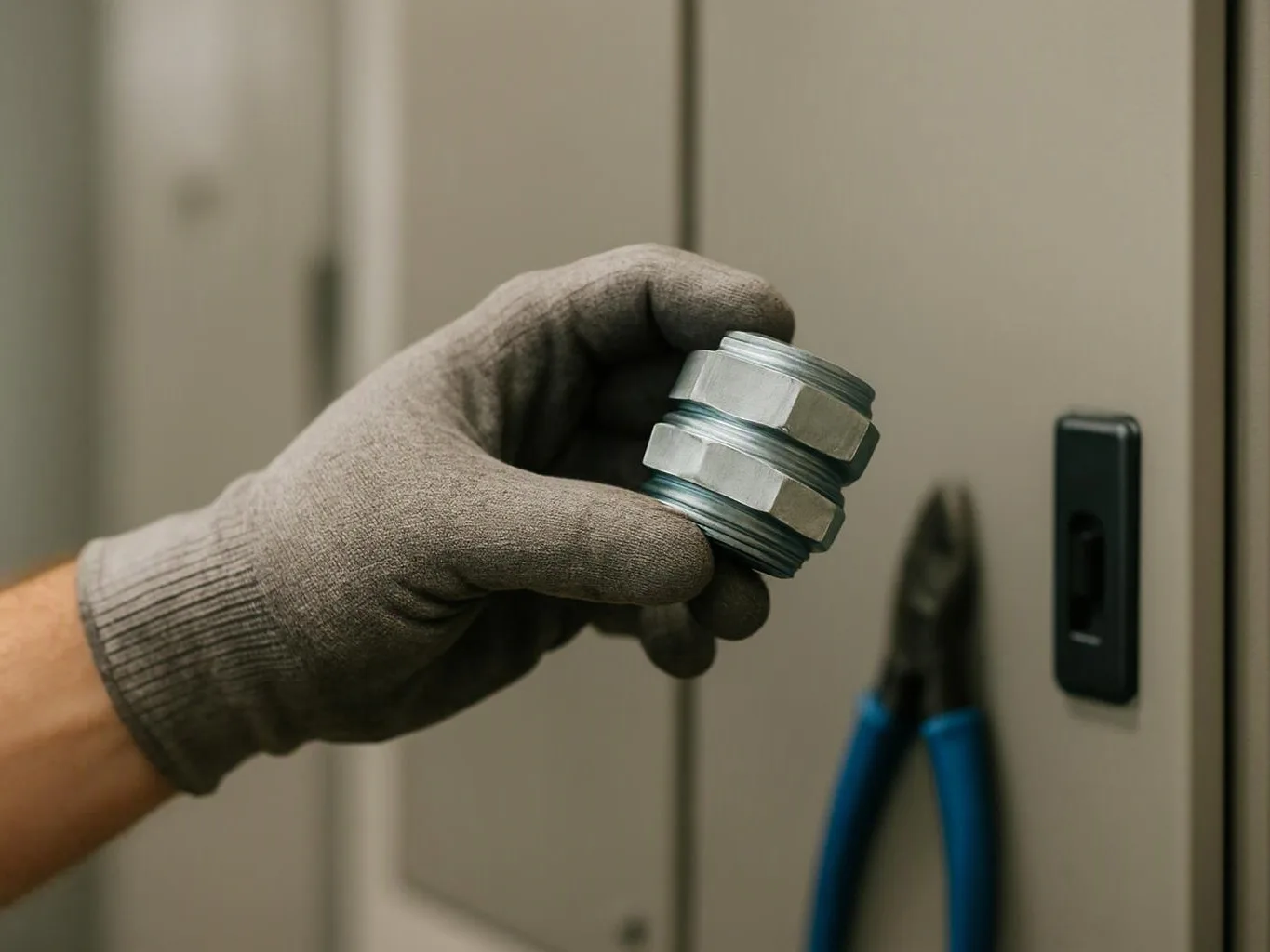 A gloved hand holds two silver metal fittings beside a cabinet with blue-handled pliers hanging nearby