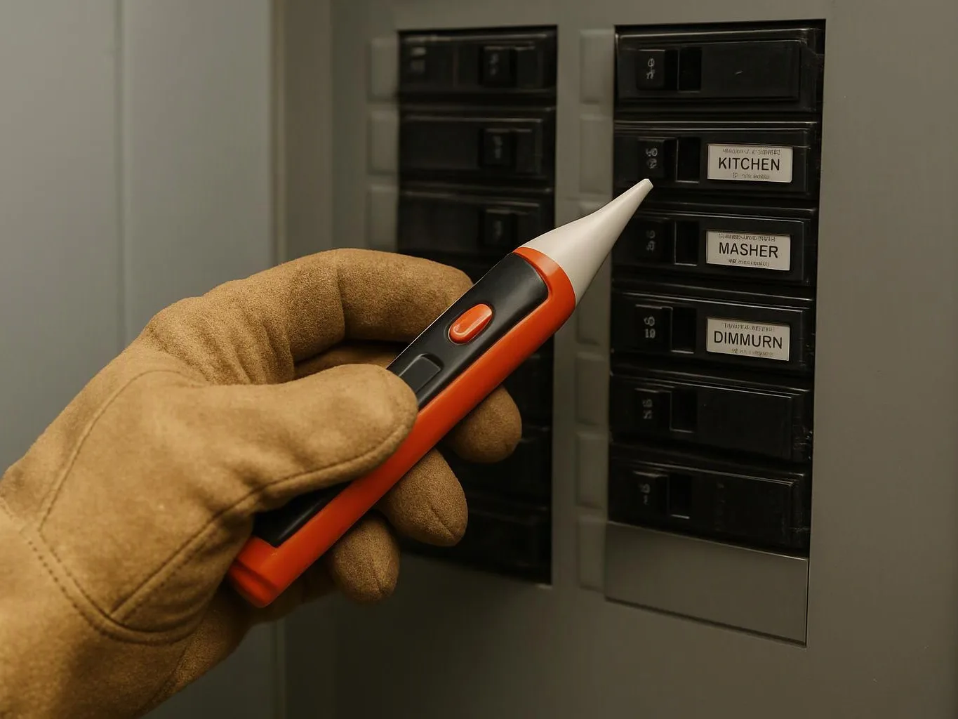 A gloved hand holds a voltage tester near labeled electrical circuit breakers in a panel
