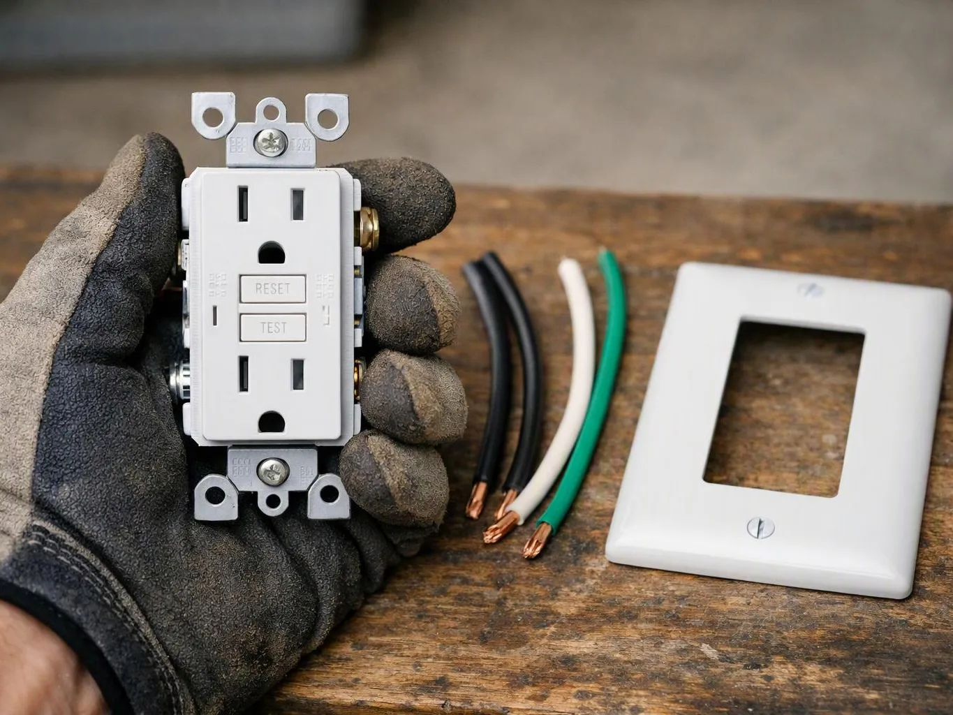 A gloved hand holds a white electrical outlet beside loose wires and a wall plate on a wooden surface