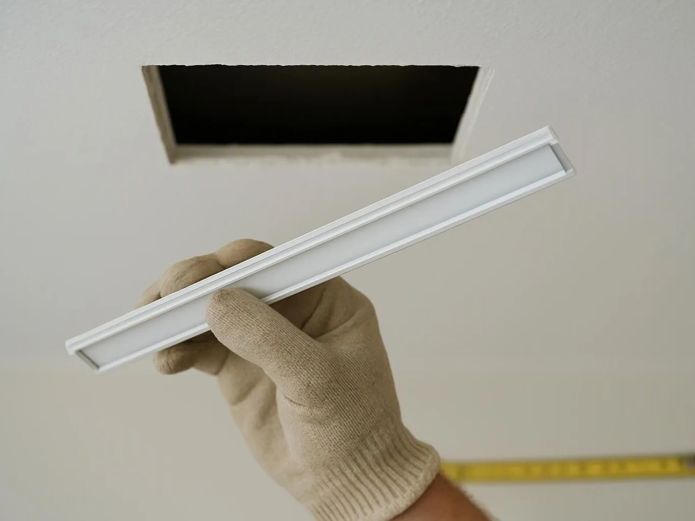 A gloved hand holds a white light fixture under a rectangular ceiling opening with a tape measure below