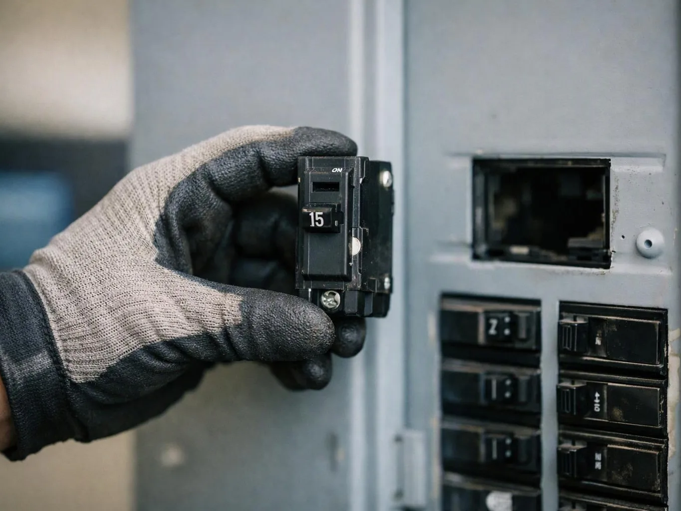 A gloved hand inserts a 15-amp circuit breaker into an electrical panel