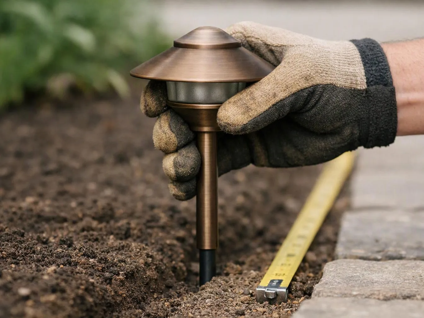 A gloved hand places a bronze garden light into soil beside a measuring tape and stone path
