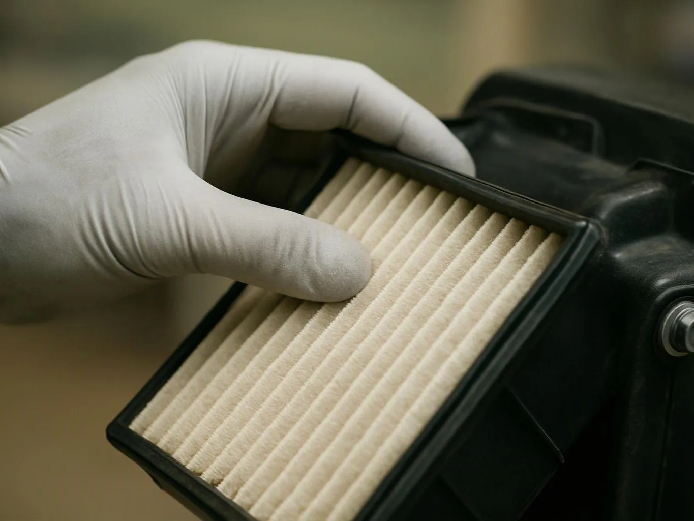 A gloved hand presses a pleated filter panel inside a black machine housing
