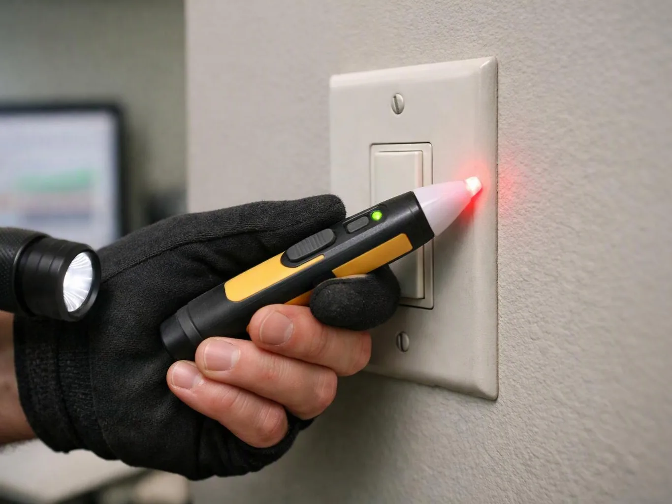 A gloved hand tests a light switch with a glowing pen-like tool beside a wall-mounted plate