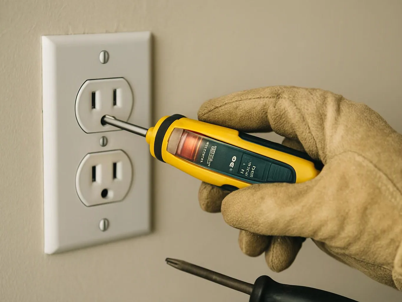 Gloved hand uses a yellow voltage tester on a wall outlet beside a second screwdriver