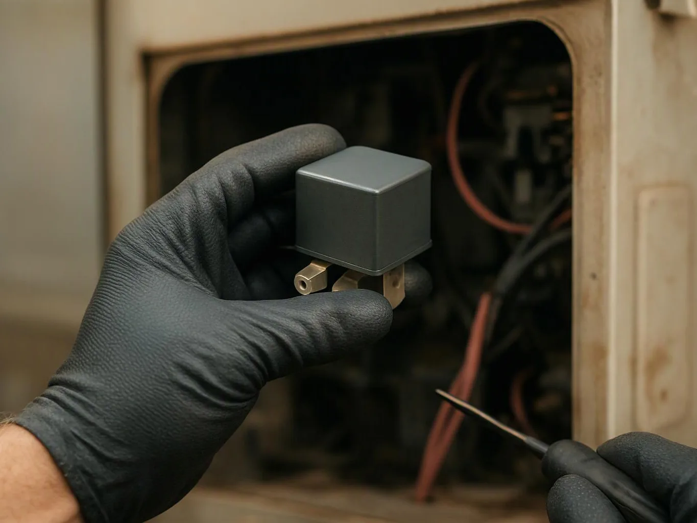 Gloved hands hold a small gray electrical relay near an open panel with wires inside