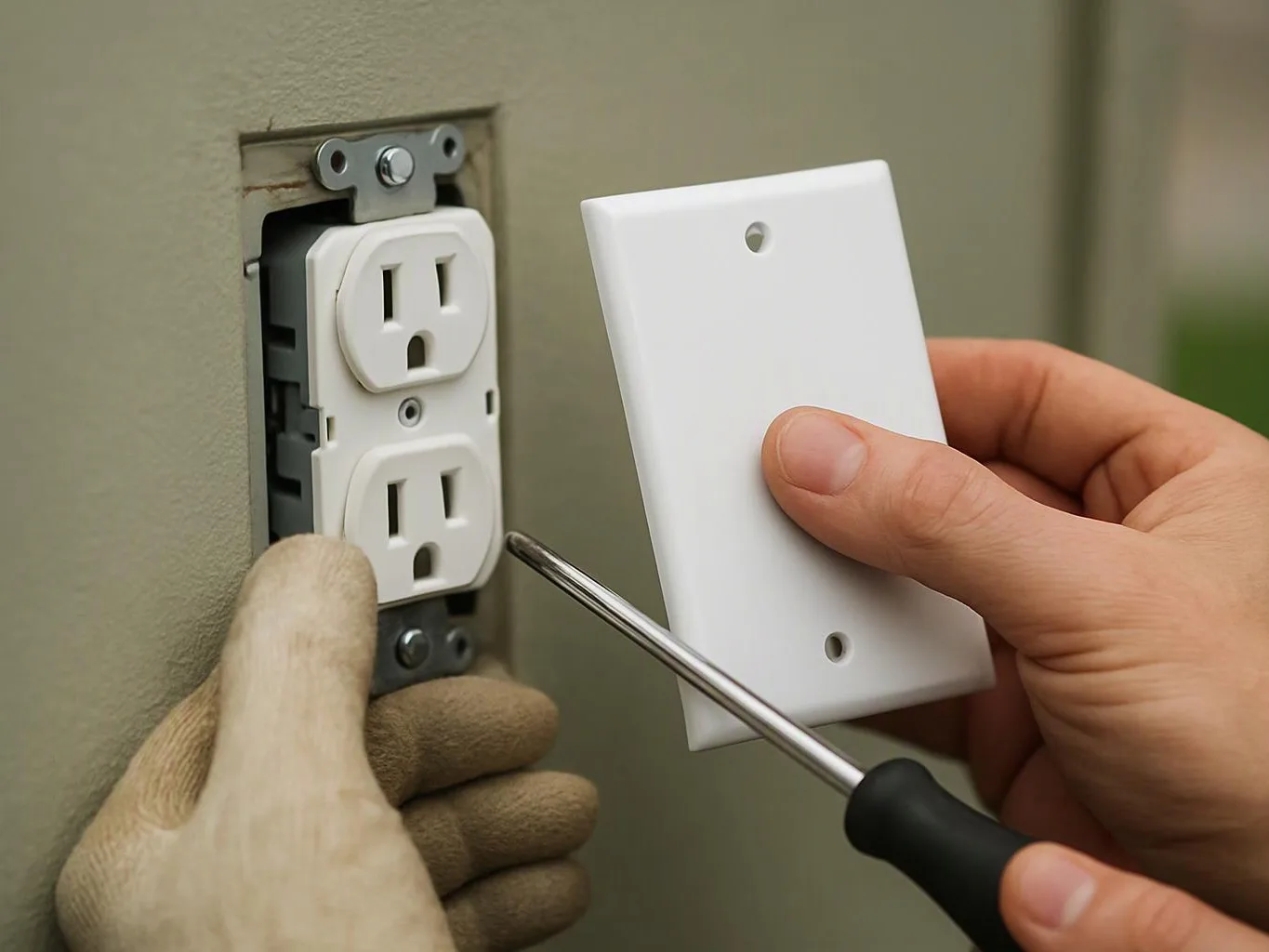 Gloved hands and a screwdriver install a white outlet cover on a wall socket