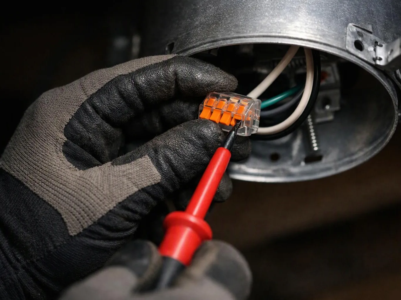 Gloved hands test a wire connector inside a metal electrical box with a red probe