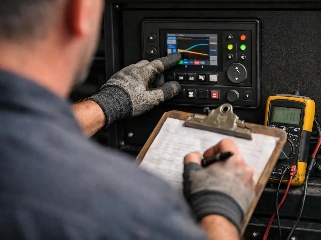 A gloved worker presses a control screen while holding a clipboard beside a digital meter in a dark equipment panel