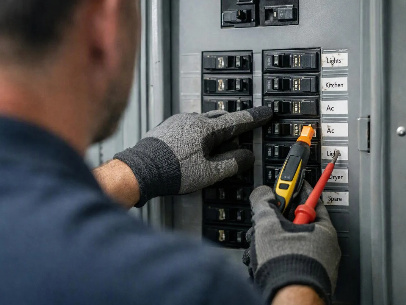 A gloved worker tests breakers in an electrical panel with a meter and labels like Lights and Kitchen