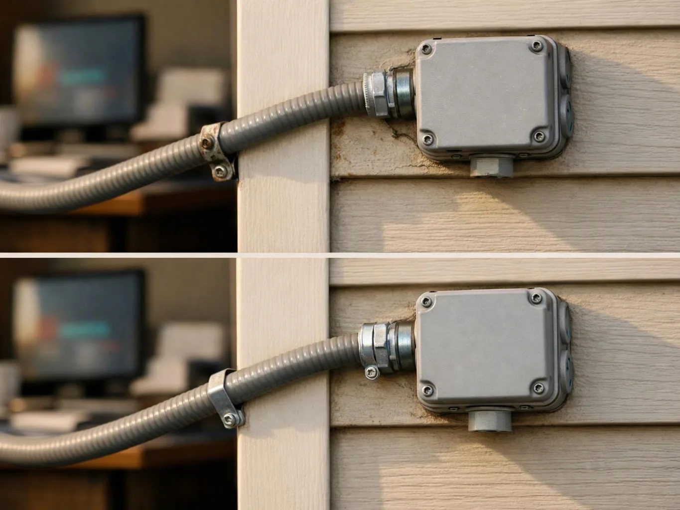 A gray conduit runs into a metal junction box mounted on beige siding, shown in two stacked close-ups