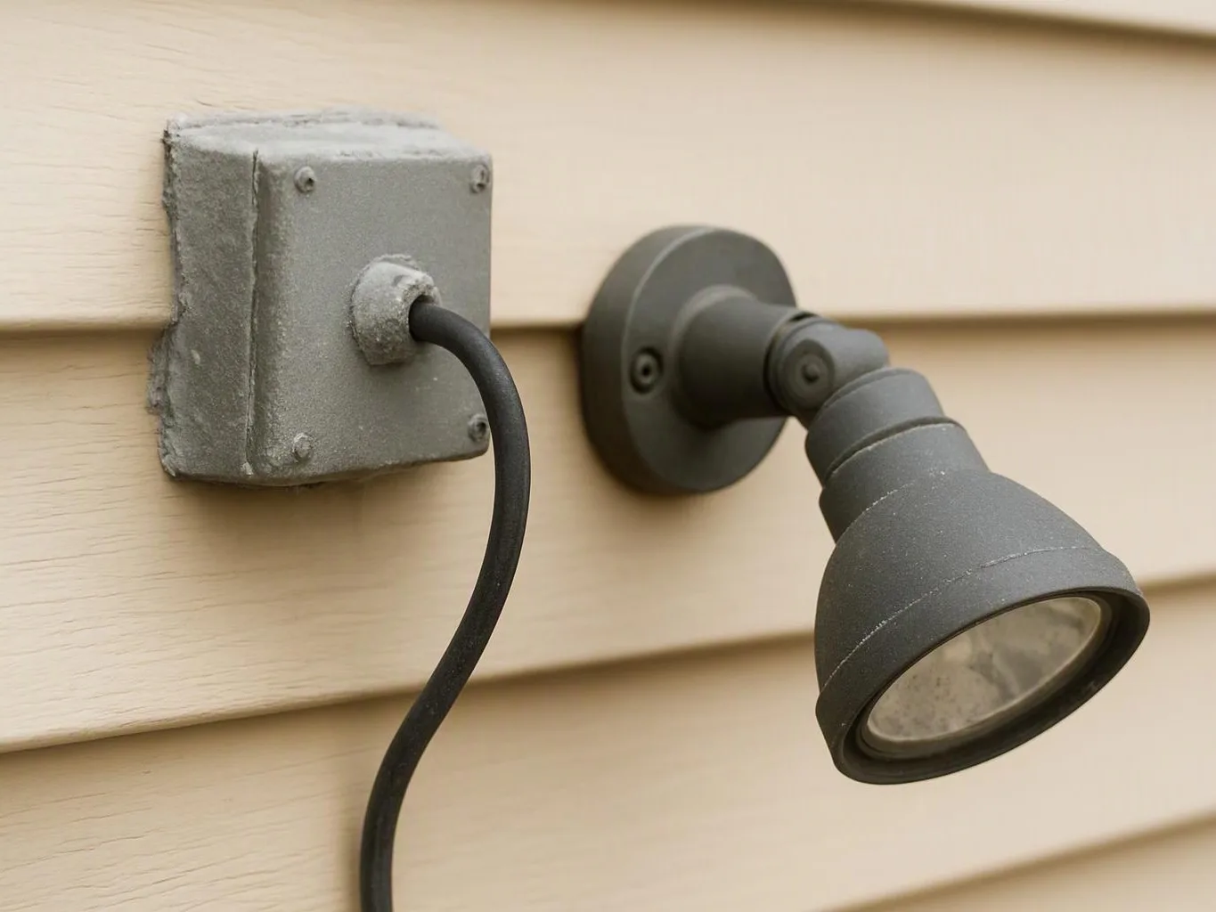 A gray outdoor spotlight is mounted on beige siding beside a weathered electrical box with a black cord