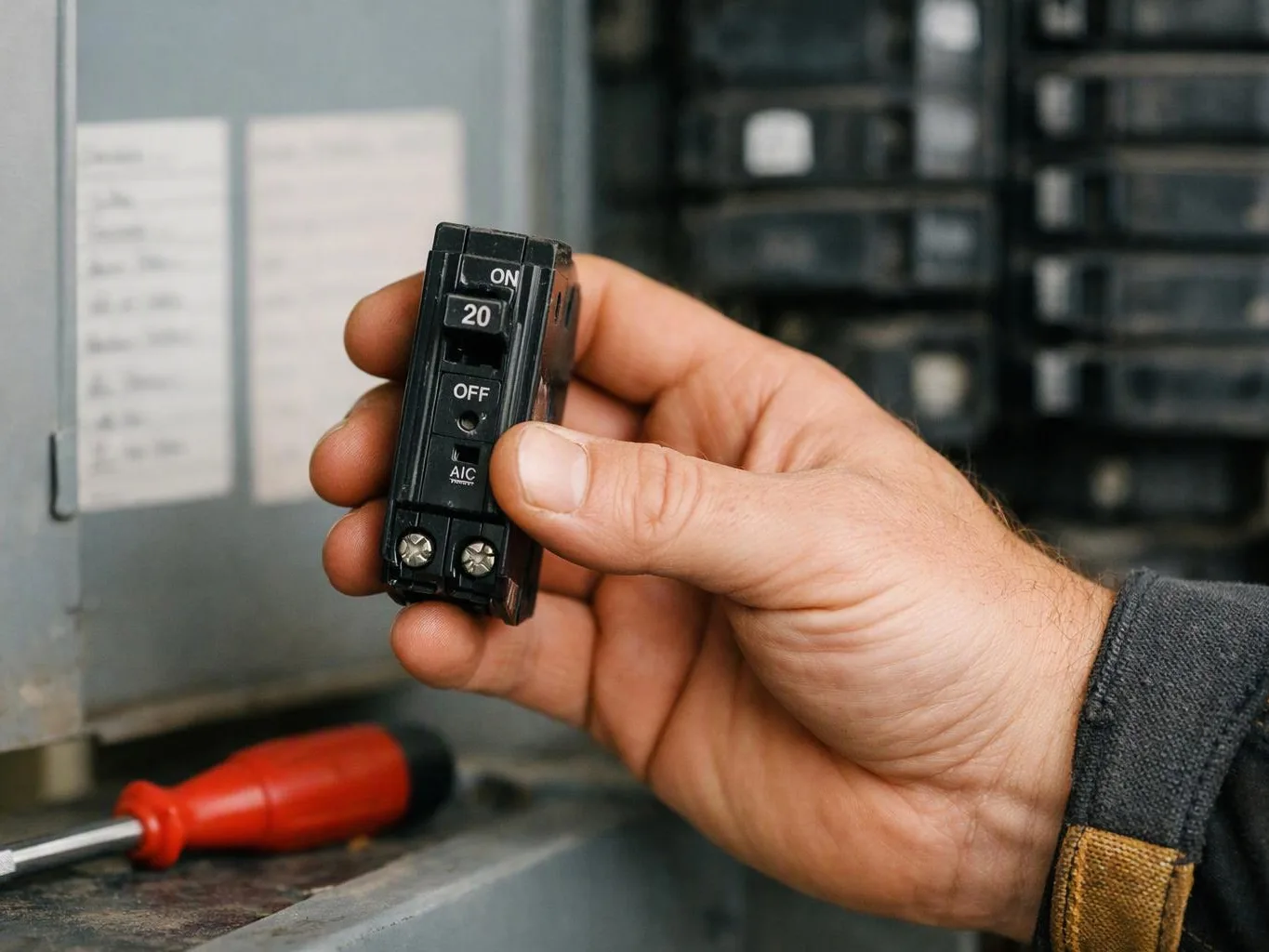 A hand holds a black circuit breaker near an electrical panel, with a red screwdriver below