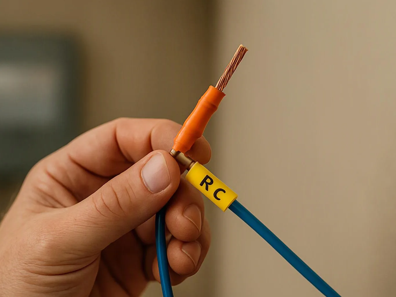 A hand holds a blue cable with an orange-wrapped copper wire and a yellow RC label against a plain wall