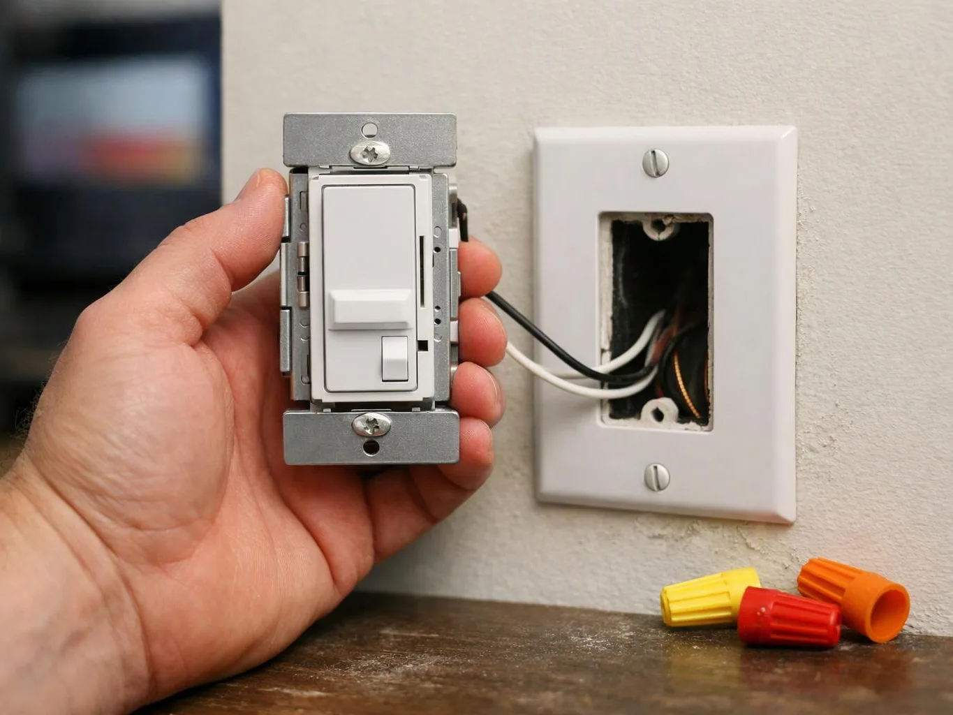 A hand holds a dimmer switch beside an open wall box with exposed wires, and wire nuts rest below