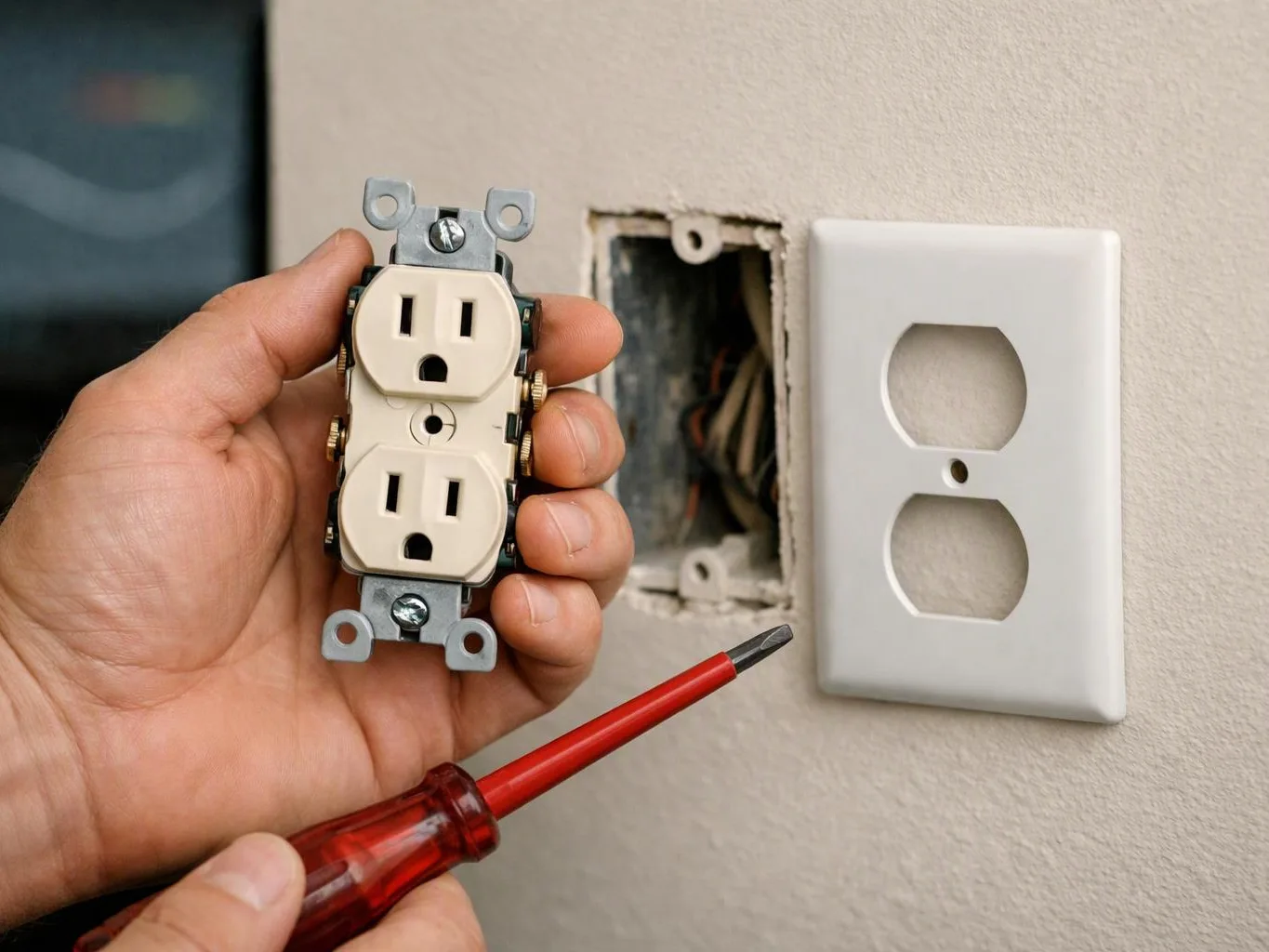 A hand holds a duplex electrical outlet and screwdriver beside an open wall box and cover plate