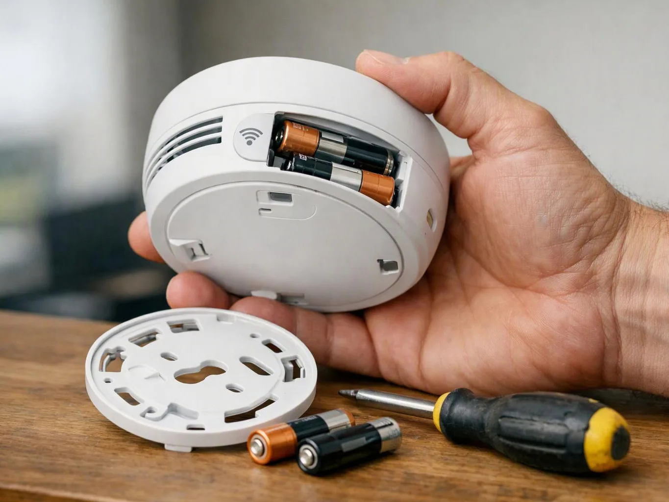 A hand holds an open smoke detector with batteries exposed, beside a loose mount plate, batteries, and a screwdriver on wood