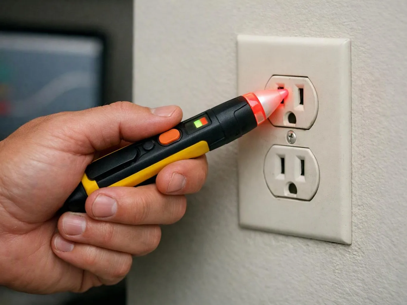 A hand holds a voltage tester against the top outlet in a wall plate, with the tester light glowing red