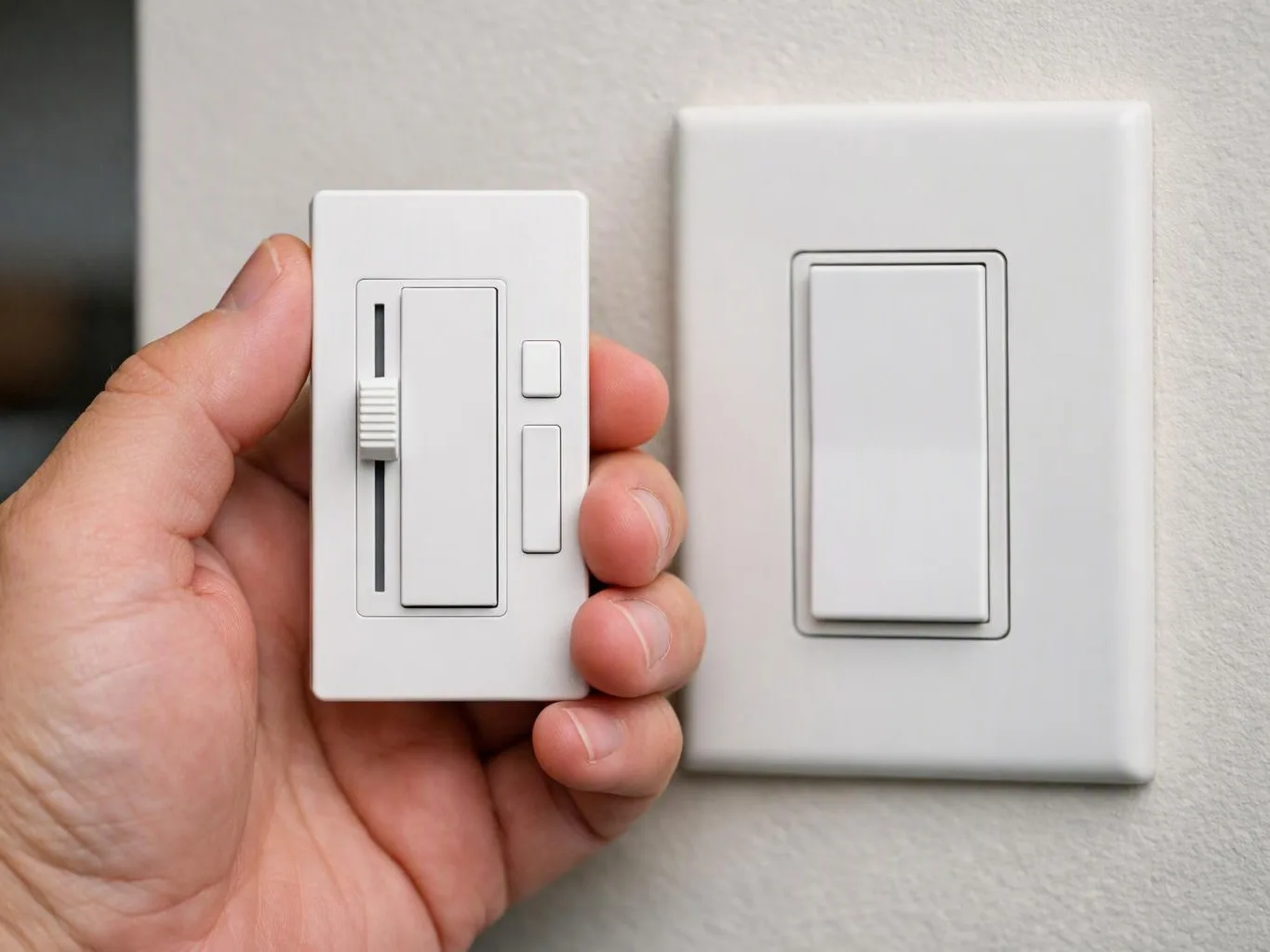 A hand holds a white dimmer switch next to a matching wall switch on a light gray wall