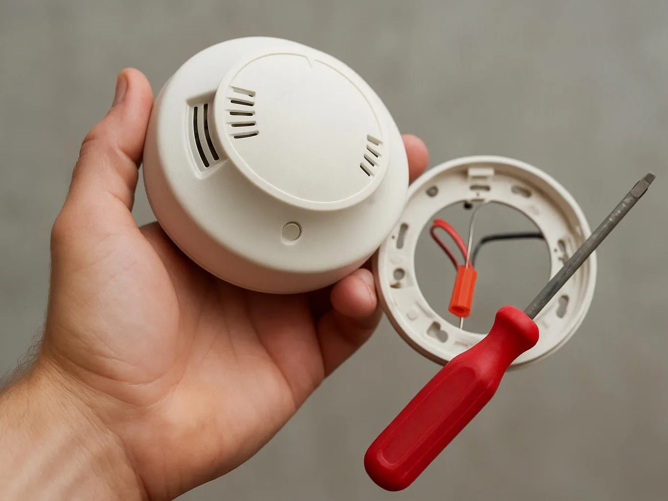 A hand holds a white smoke detector beside its mounting plate and a red screwdriver on a plain gray background