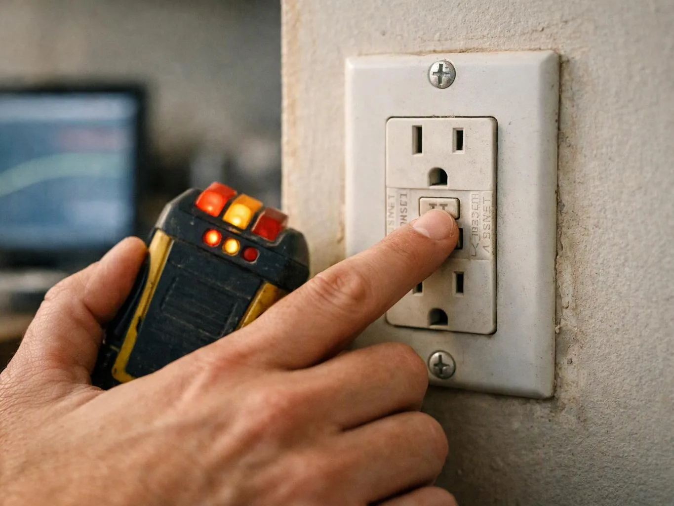 A hand presses a GFCI outlet button while holding a small handheld device beside a wall socket