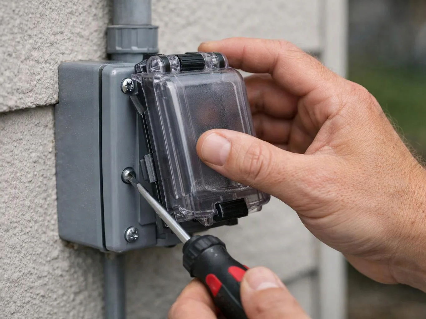 A hand uses a screwdriver to open a clear electrical outlet cover mounted on an exterior wall