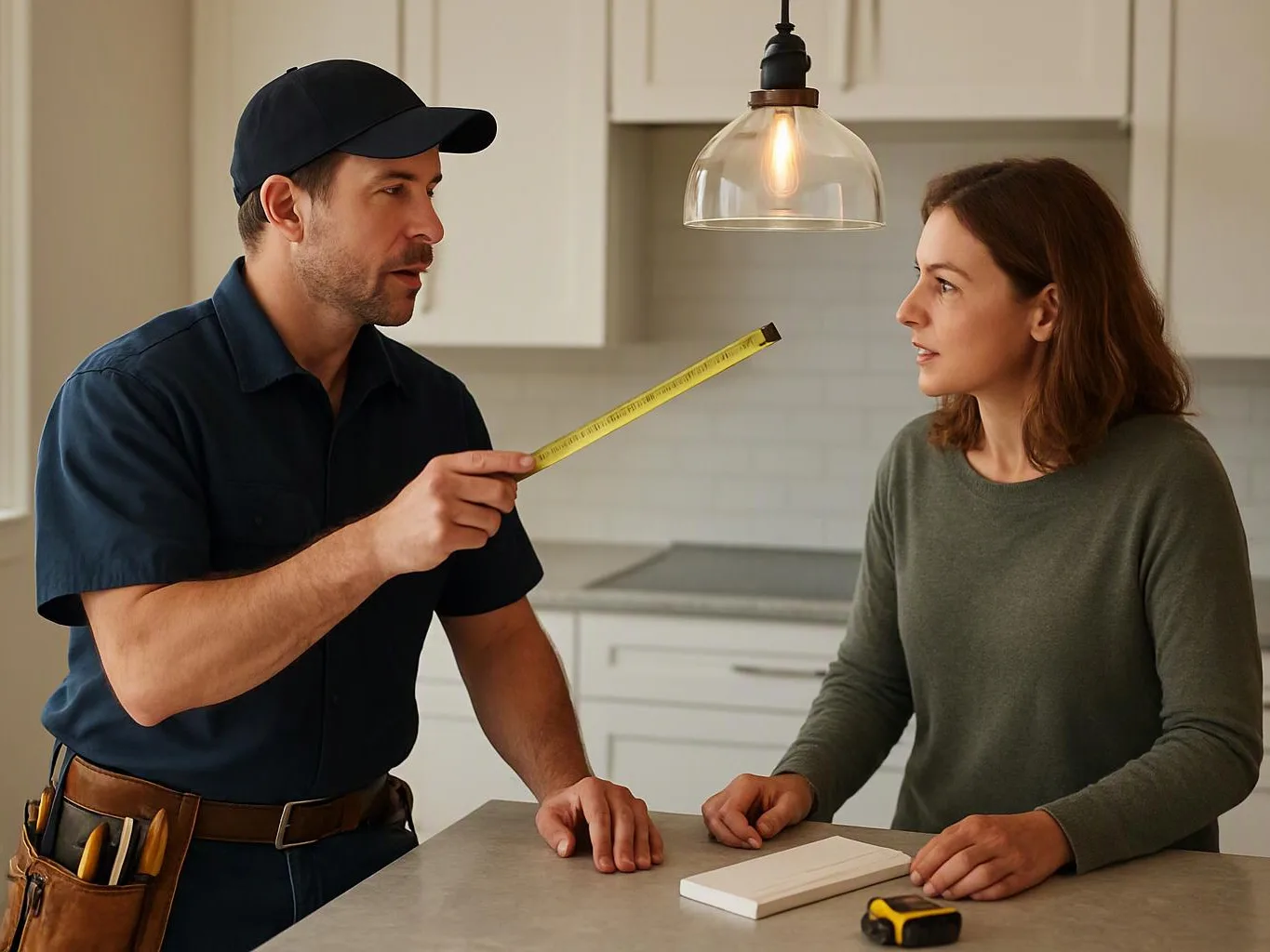 A handyman points a tape measure at a woman across a kitchen counter under a hanging light