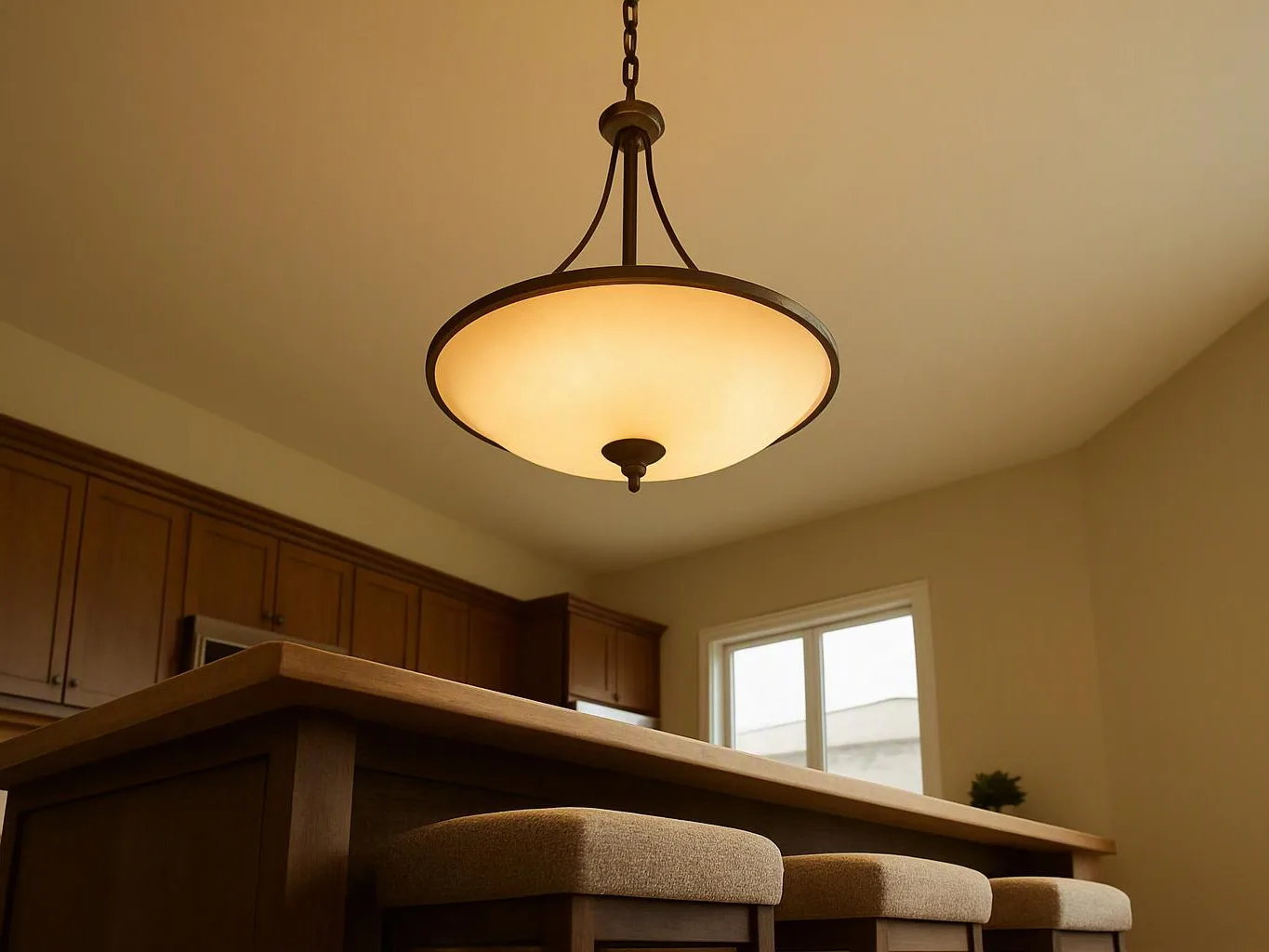 A hanging pendant light glows over a kitchen island with three stools and wooden cabinets