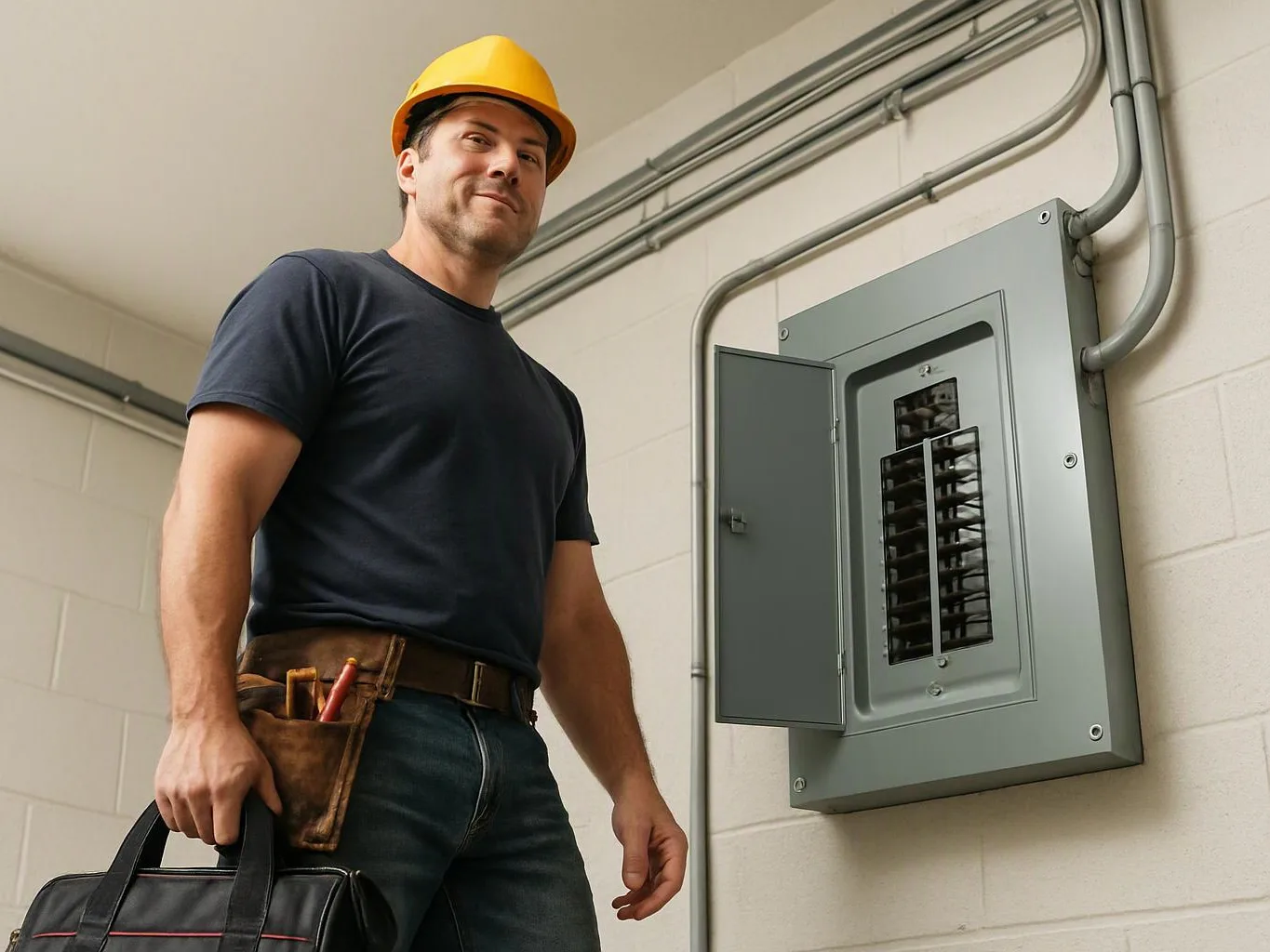 A hard hat electrician stands beside an open breaker panel, holding a tool bag in a utility room