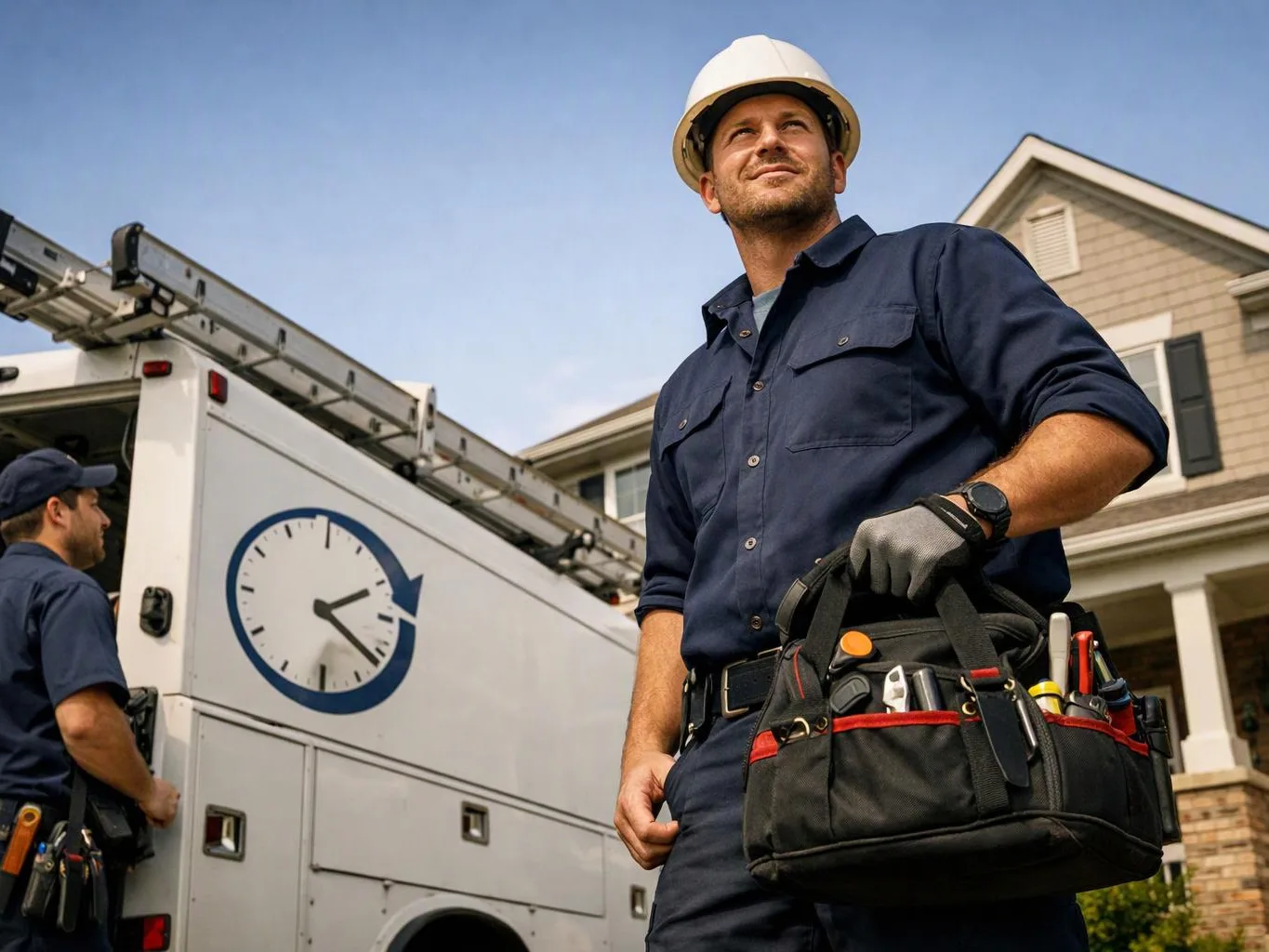A hard hat worker carries a tool bag beside a service truck in front of a house