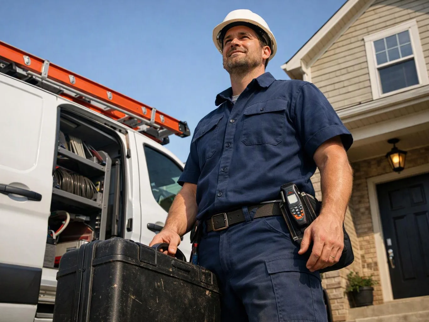A hard-hatted worker stands beside a service van, holding a black toolbox in front of a house