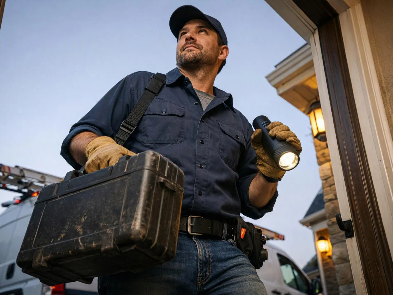 A gloved repairman carries a toolbox and flashlight at a front doorway in the evening