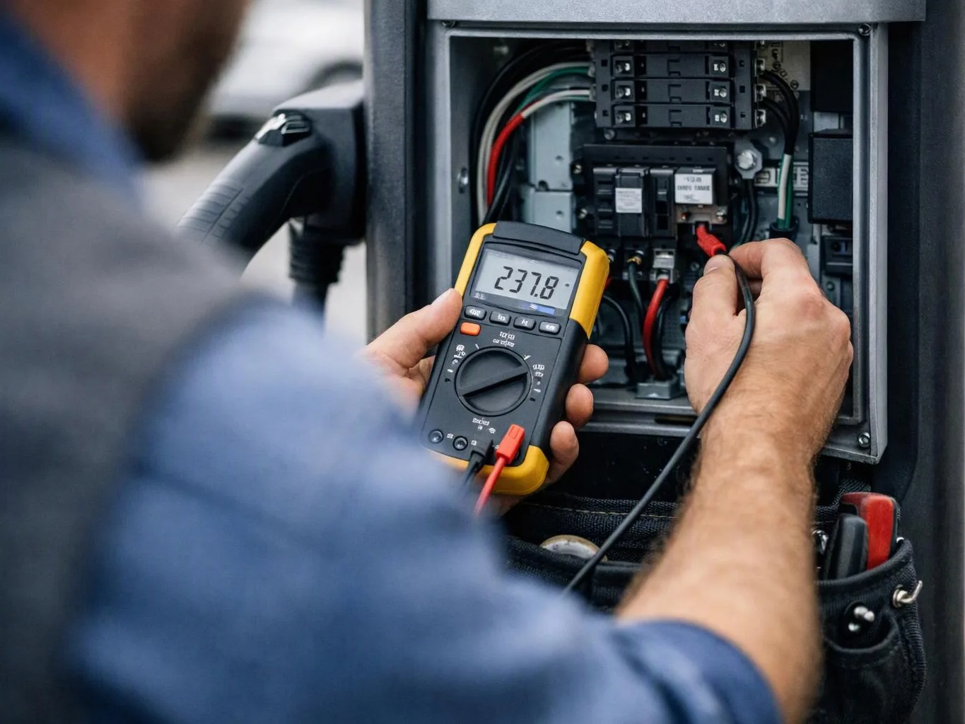 A technician tests an open electrical panel with a digital multimeter, holding probes near wiring and breakers