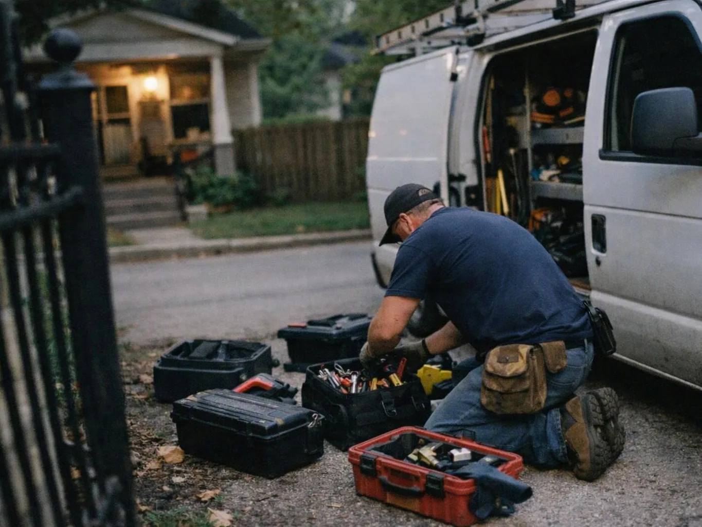 A kneeling mechanic sorts tools beside an open white van in a driveway, with a house in the background