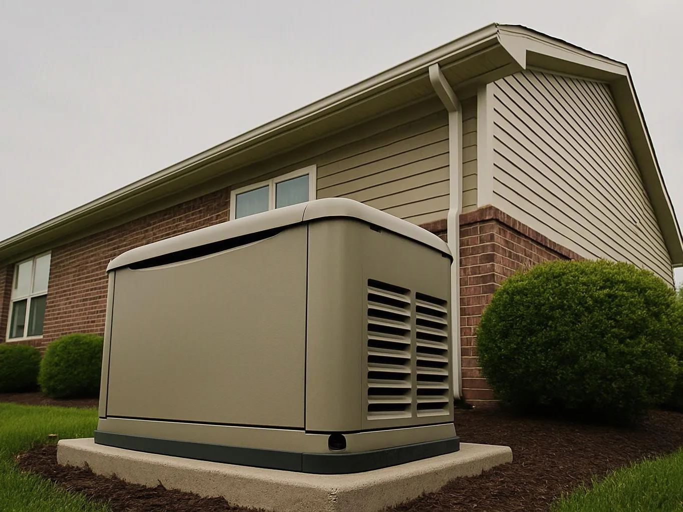 A large beige generator sits on a concrete pad beside a brick-and-siding house with trimmed bushes and grass