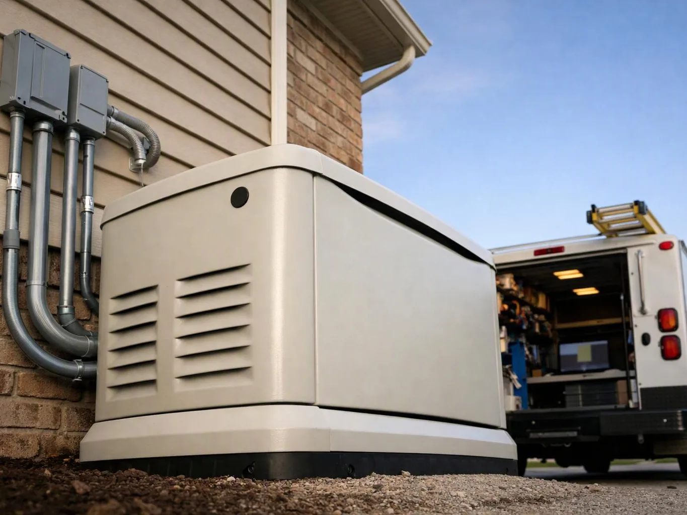 A large outdoor generator sits beside a house, with an open service van parked nearby