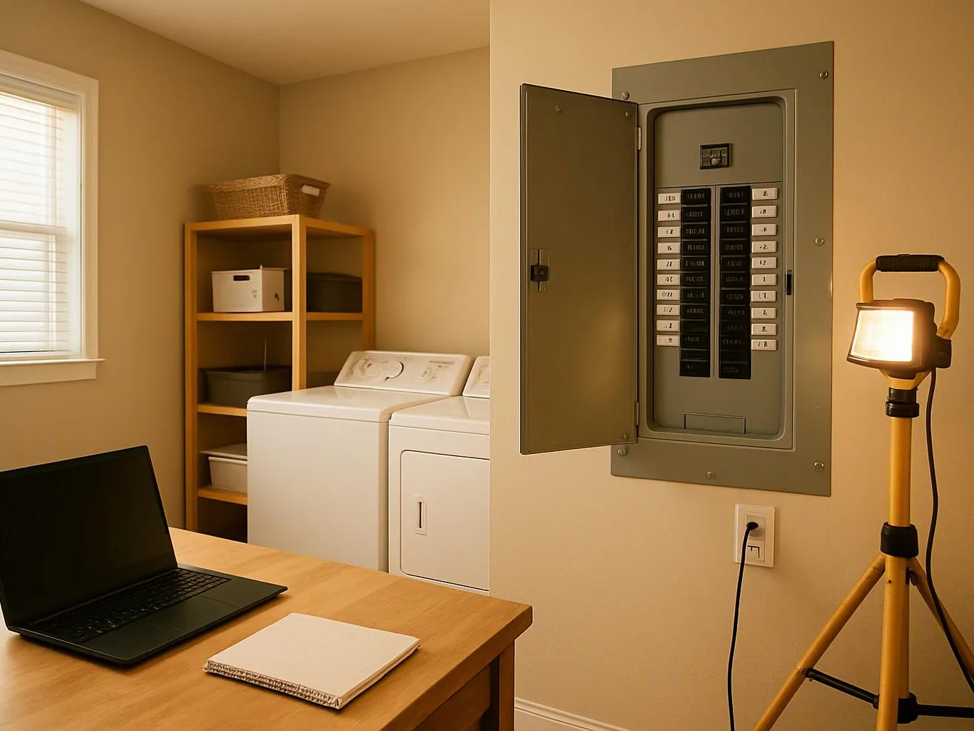 A laundry room has a laptop on a table, a washer and dryer, shelves, and an open electrical panel lit by a work light