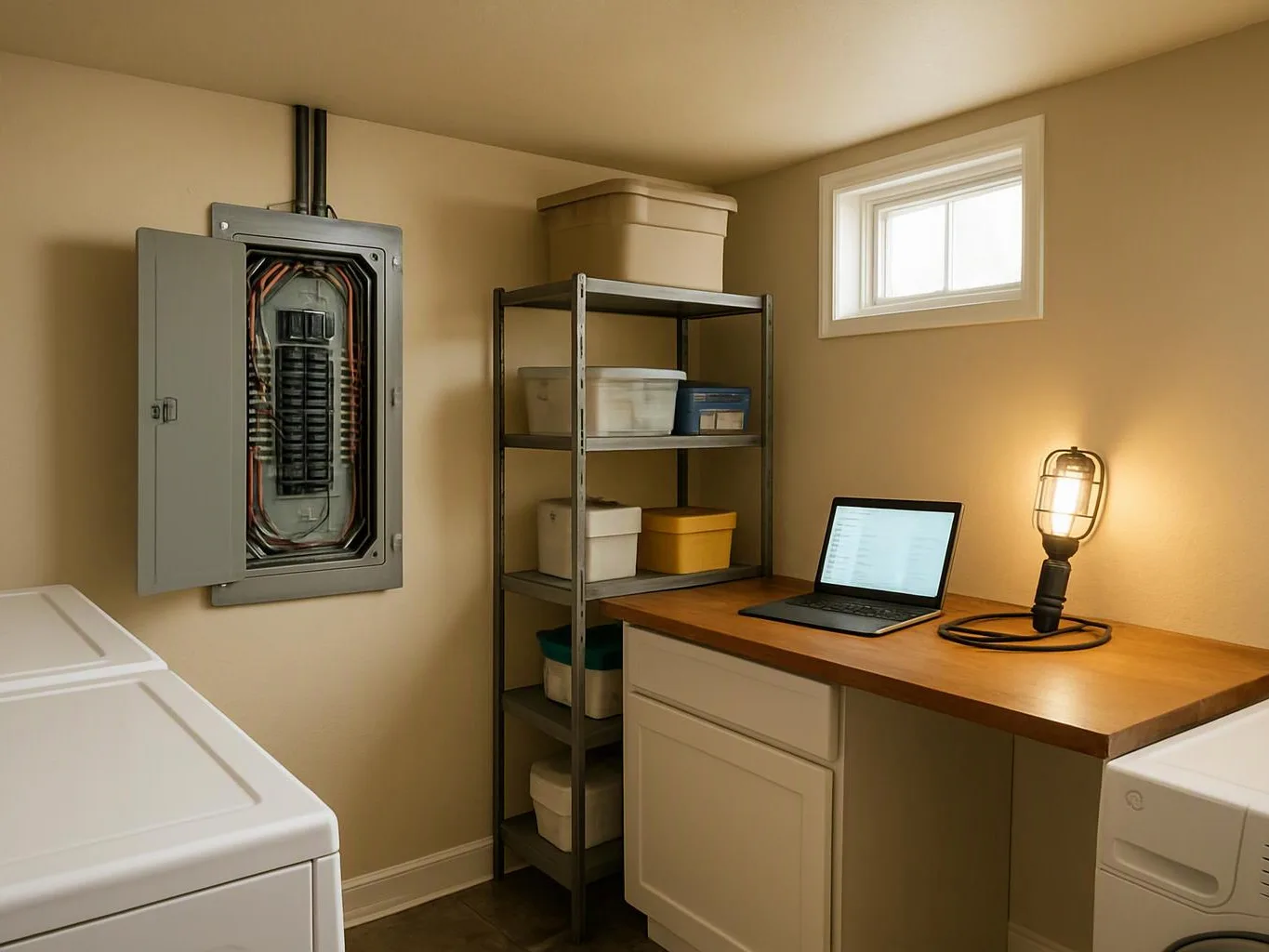 A laundry room shows shelves, a workbench with a lit laptop, a lamp, and an open electrical panel