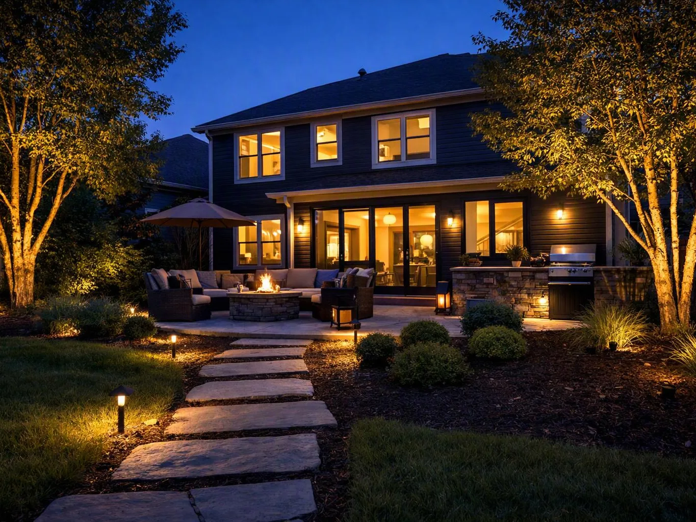 A lit backyard patio with a fire pit, outdoor seating, stone path, and a two-story house at dusk