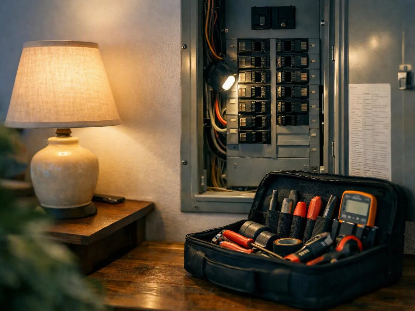 A lit table lamp sits beside an open electrical panel and a tool bag on a wooden table