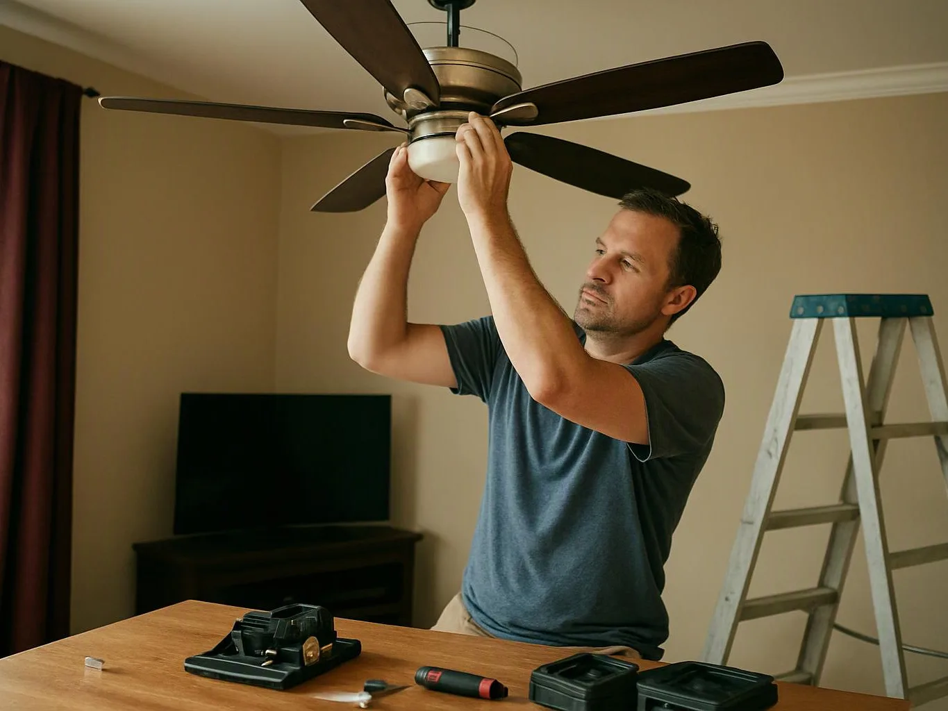 A man adjusts a ceiling fan light in a room with a ladder and tools on a table