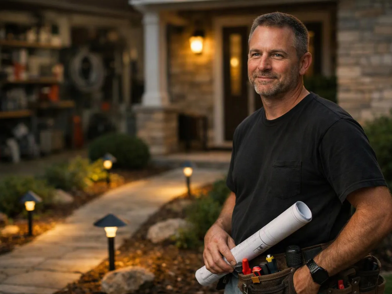 A man in a black shirt holds rolled plans beside a lit garden path outside a house