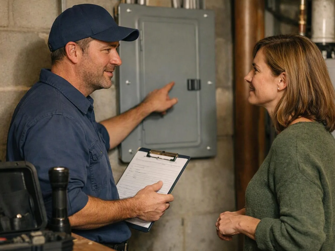 A man in a blue cap points at an electrical panel while speaking to a woman in a basement storage area