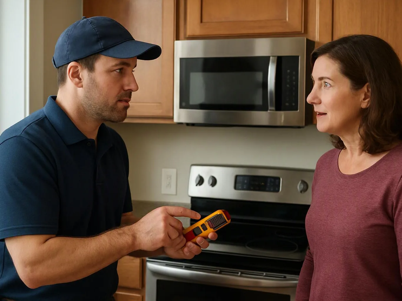 A man in a blue cap points at a handheld device while speaking to a woman in a kitchen
